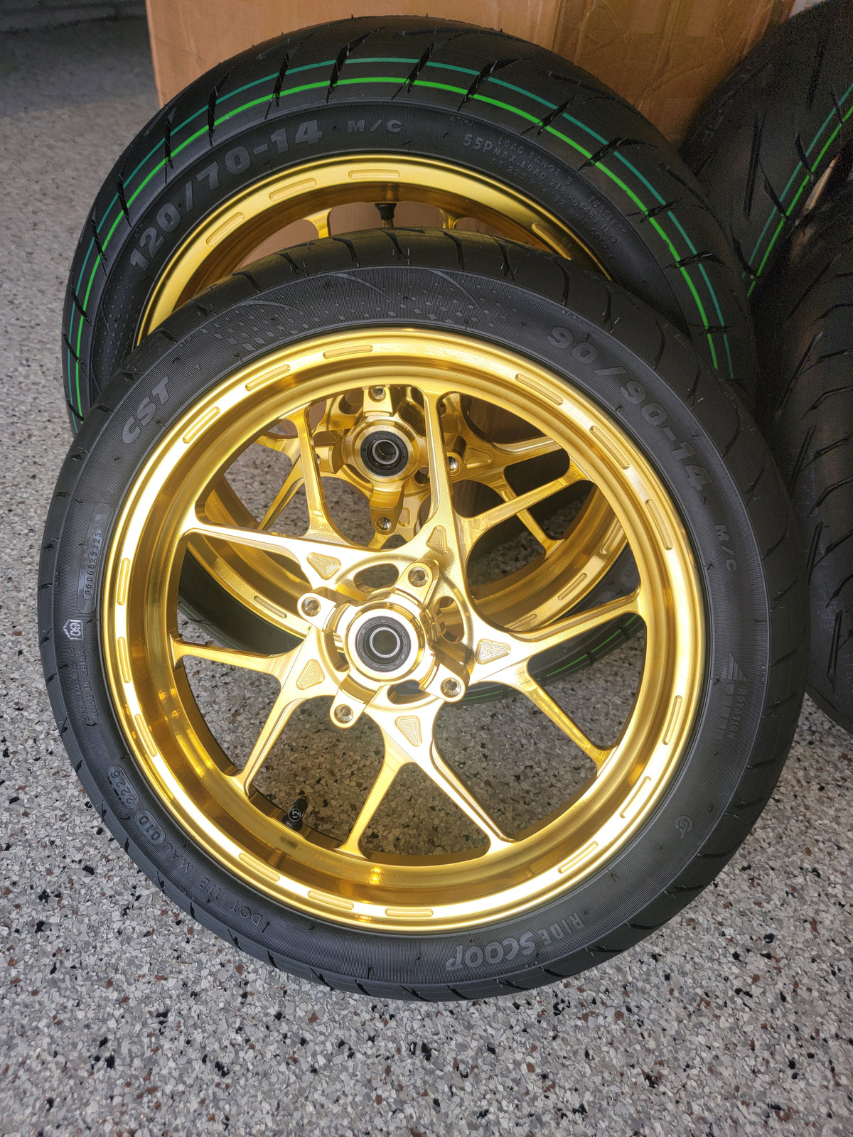 14 inch CNC gold supermoto wheels and tires.