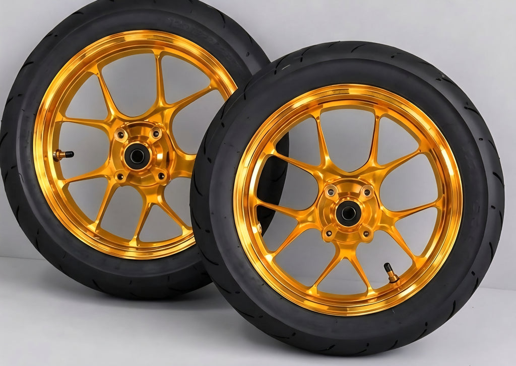 14 inch CNC gold supermoto wheels and tires.
